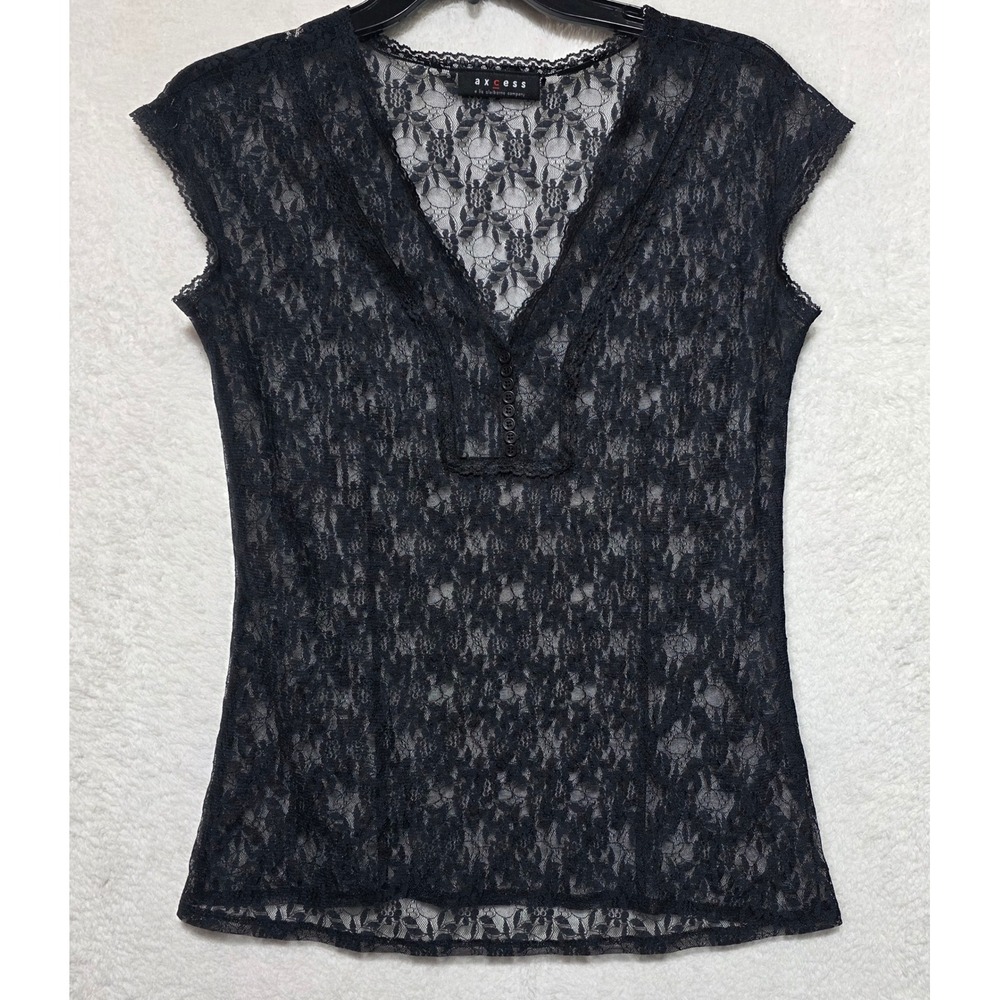 Axcess Liz Claiborne Black Floral Lace Sheer V-Neck Cap Sleeve Blouse Top